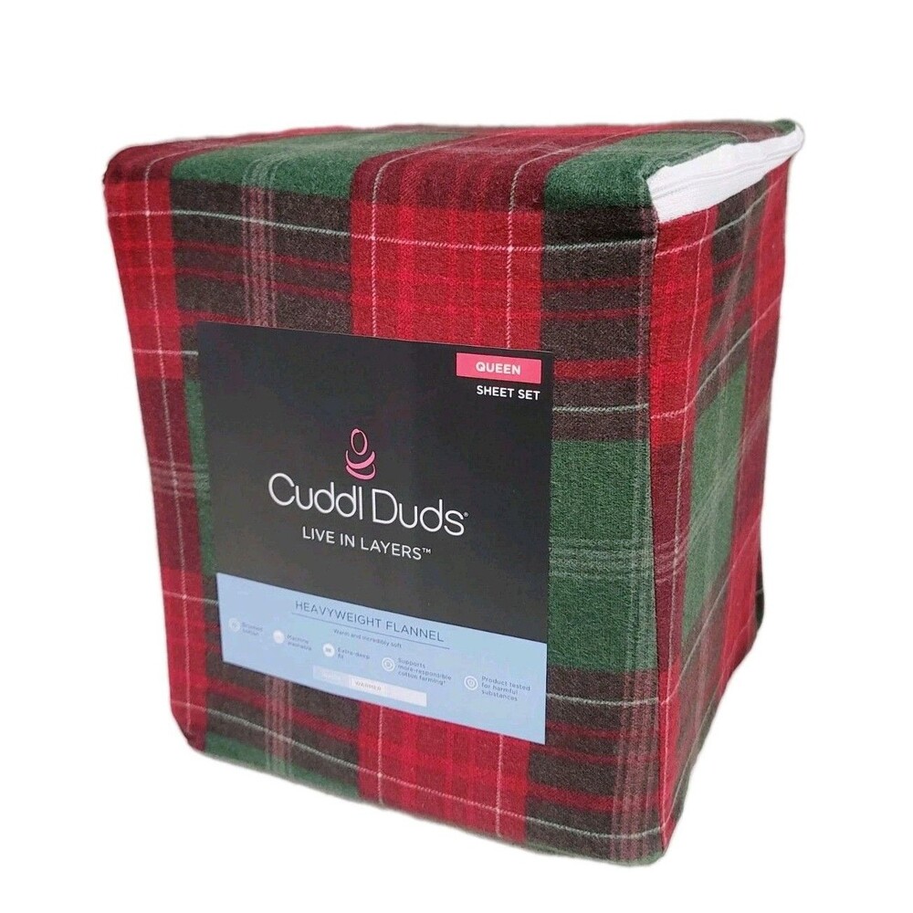Cuddl Duds Heavyweight Cotton Flannel QUEEN Sheet Set Deep Fit Holiday Plaid